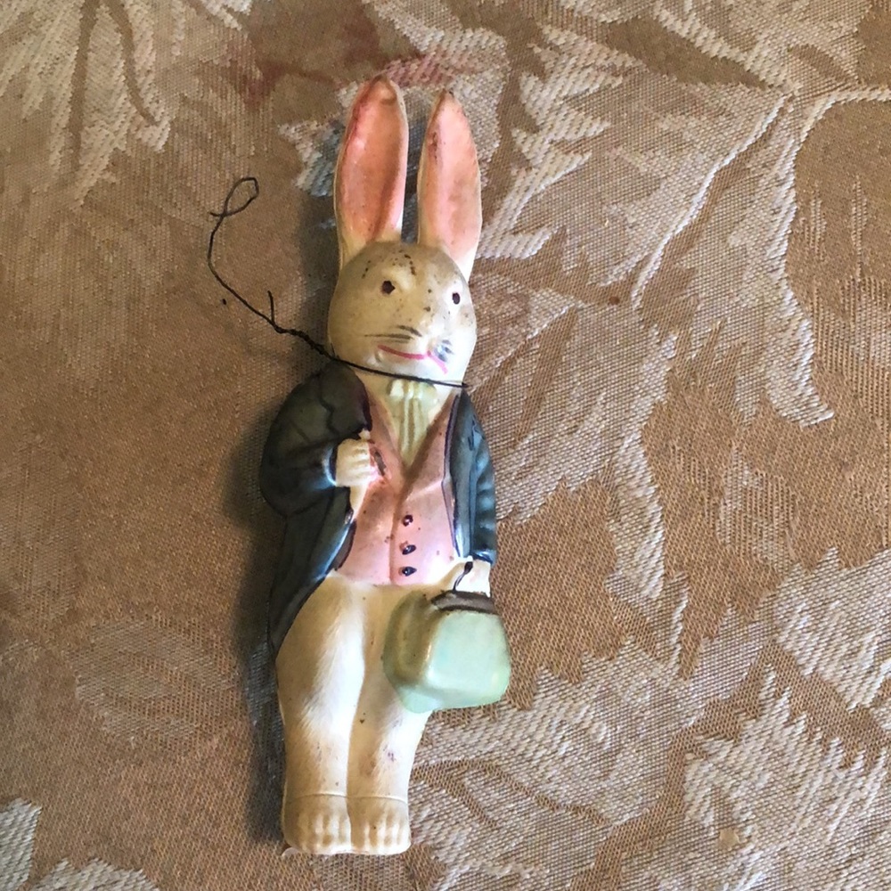 Antique celluloid white rabbit figure / Xmas ornament Through the Looking glass